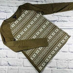 Talbots Petites Olive Green White Geometric Knit Long Sleeve Top Size P